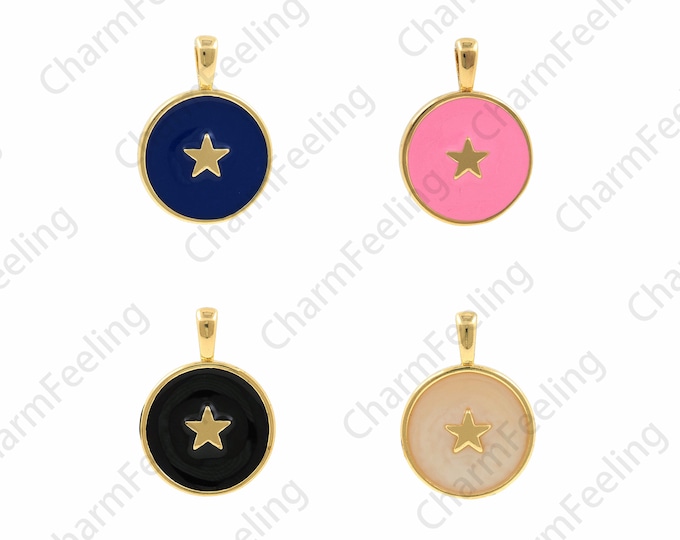 Round Enamel Charm,Enamel Star Pendant, Star Charm, Star Necklace, Round Star Pendant, DIY Jewelry Making Accessories 17.5x24.5x2.7mm