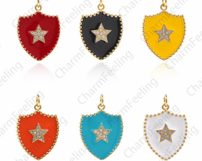 18K Gold Filled Shield Pendant, Enamel Star Pendant, Shield Charm, Enamel Shield Necklace, Enamel Charm, Star Charm 26x18x2mm