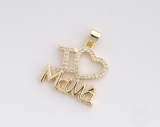 18K Gold Filled Heart Charm Mom Pendant, MicroPave CZ Mother Charm, Heart Necklace, Gift For Mother,25.6x21x2.2mm