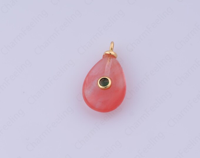 Natural Watermelon Red Charm,18K Gold Filled Waterdrop Pendant, Micropavé CZ Teardrop Pendant, DIY Jewelry Accessories,22.6x12.7x6mm