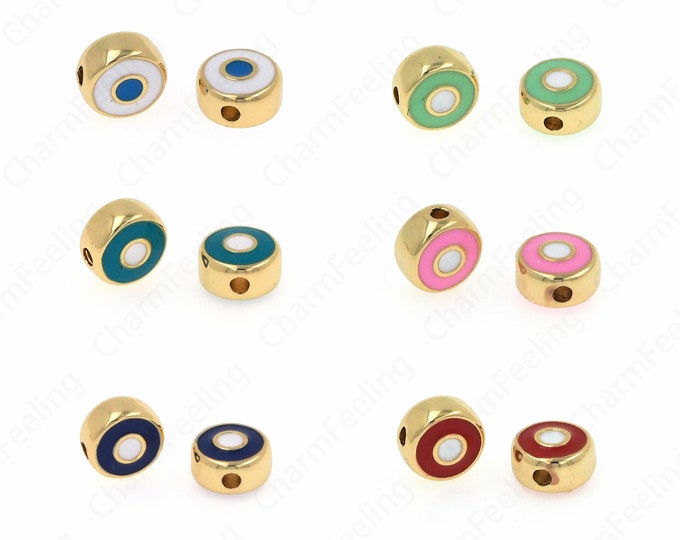 Round Beads,Flat Beads, 18K Gold Filled Eye Beads, Enamel Beads, DIY Bracelet Necklace Accessories 6.5x3.5mm