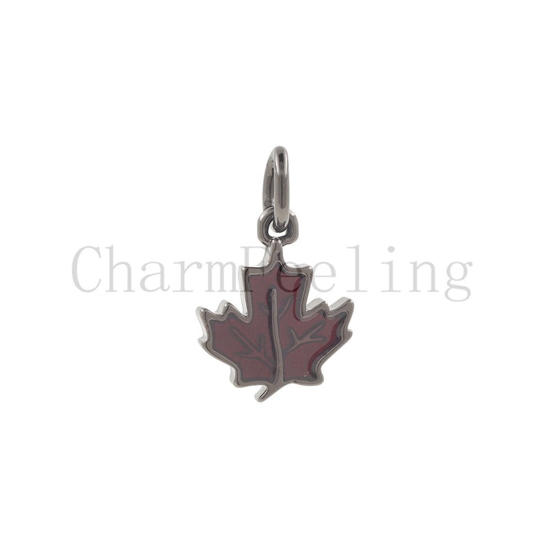 May include: A silver charm in the shape of a red maple leaf. The charm has a loop at the top for attaching to a bracelet or necklace.