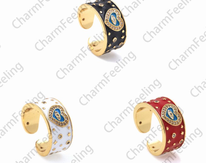 18K Gold Filled Wide Ring, Enamel Ring, Heart-Shaped Eye Ring, Love Ring, Gold Open Ring, Adjustable Ring, Heart Eye Ring