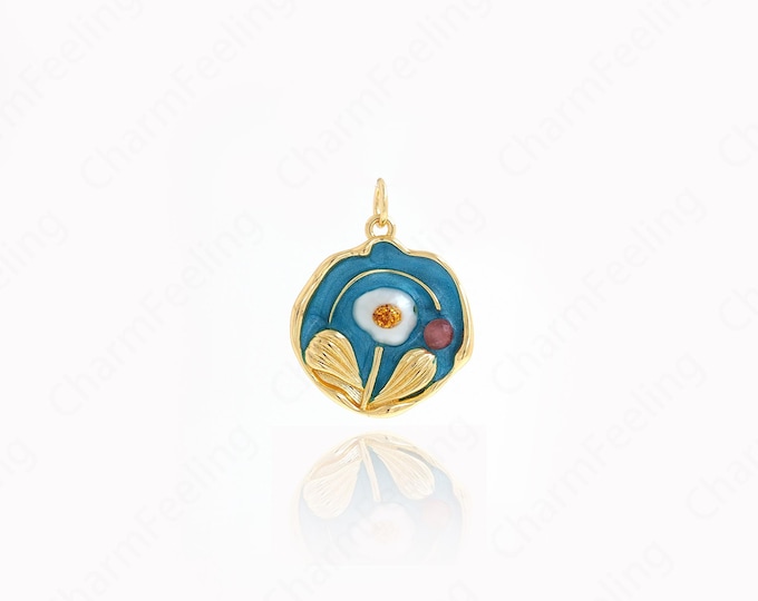 Enamel Flower Charm,18K Gold Filled Orchid Charm, Round Charms,DIY Jewelry Making Accessories 24.5x19x6mm
