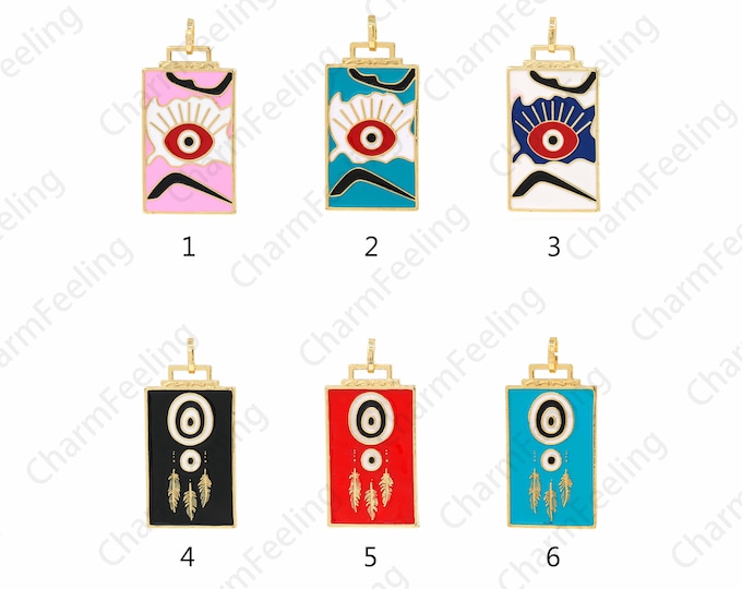 18K Gold Filled Eye Pendant, Micropavé CZ Enamel Necklace, Square Pendant,Devil's Eye Pendant,Enamel Charm,DIY Jewelry Supplies, 53x25x2.5mm
