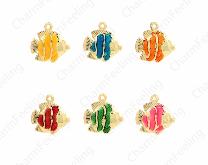 18K Gold Filled Tropical Fish Pendant,Enamel Fish Necklace,Enamel Charm,Tropical Fish Pendant,Fish Jewelry, 17x18x5.5mm