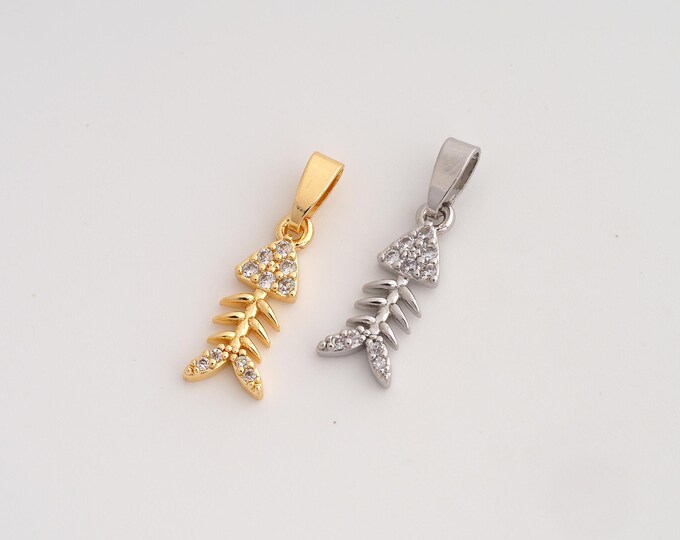 CZ Fishbone Pendant,Fishbone Pendant,18K Gold Filled Fishbone Charm,DIY Jewelry Accessories,22.4x7x2.4mm