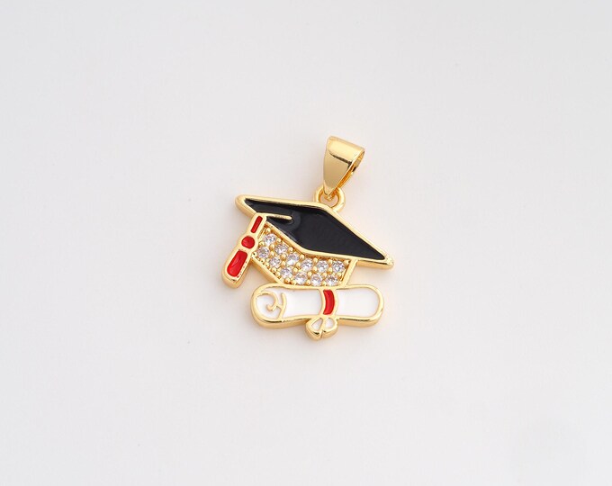 CZ Doctoral Cap Pendant,Enamel Diploma Scroll Pendant,18K Gold Filled Doctoral Cap Charm,DIY Jewelry Accessories,20.8x18x2.2mm