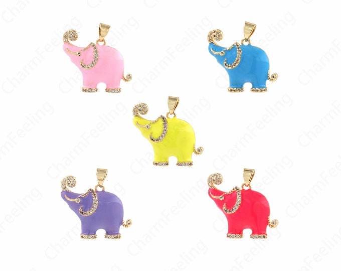 Elephant Pendant, 18K Gold Filled Elephant Necklace, Micropavé CZ Elephant Pendant,Elephant Charm, Enamel Charm,23x25.5x5mm