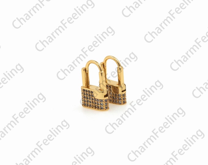 18K Gold Filling Lock Earrings, Geometric Earrings, Micropave CZ Gold Earrings, Earring Jewelry, DIY Earring Accessories 11.5x17x4mm