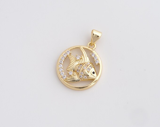 CZ Fish Pendant,Marine Life Pendant,18K Gold Filled Round Charm,DIY Jewelry Accessories,25x17.8x3.2mm