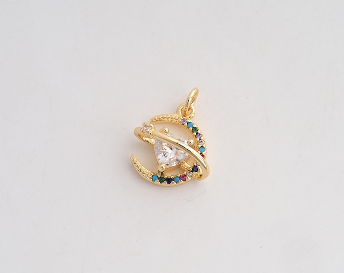 CZ Heart Saturn Pendant,Universe Planet Pendant,18K Gold Filled Moon Charm,DIY Jewelry Accessories,18.5x14.3x7.6mm