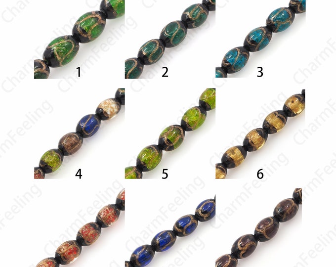 Necklace Beads, Gold Foil Glass Beads, Murano Spacer Beads, Rice Glass Spacer Beads, Rice Spacer Beads, DIY Beading Supplies,16x10mm