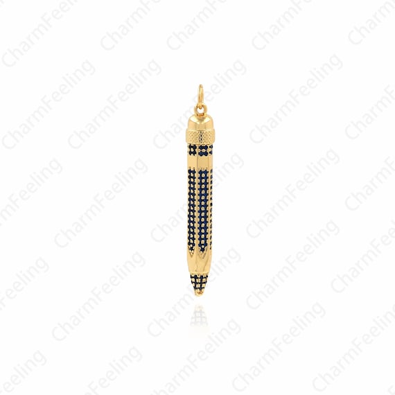 Pencil Pendant, Bar Necklace, 18K Gold Filler Pen Charm, Micropavé CZ Pencil Necklace, DIY Jewelry Supplies, 40x5.9x4.6mm