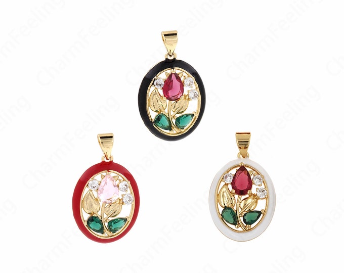 Plant Charm, Enamel Flower Necklace,Micropavé CZ Plant Pendant,18K Gold Filled Flower Pendant,DIY Jewelry Making Accessories,26.5x16x4mm