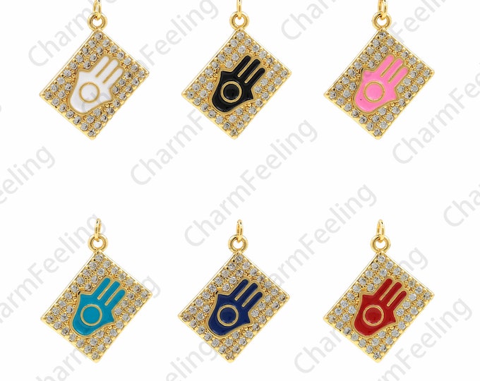 Hamsa Pendant, Rectangular Necklace, Enamel Charm, 18K Gold Filled Hamsa Charm, Eye Charm, DIY Jewelry Making Accessories, 25.5x17x3mm