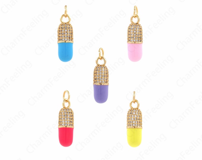 Micropavé CZ Pill Necklace, Pill Pendant, 18K Gold Filled Cylinder Necklace, Enamel Pill Pendant, DIY Jewelry Accessories 20x6.5x6.5mm