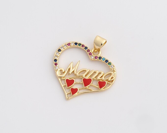 CZ MAMA Pendant,Enamel Heart Pendant,18K Gold Filled Letter Charm,DIY Jewelry Accessories,28x25.2x1.8mm