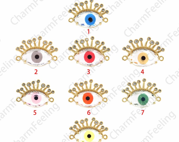 18K Gold Filled Devil's Eye Connector, Micro-pavé CZ Eye Connector, Eye Charm, Lucky Eye Pendant, Bracelet Accessories, 18.5x24.5x7mm