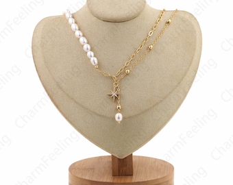 18K Gold Filled Star Pendant Necklace, Gemstone Necklace, Pearl Necklace, Beaded Necklace, Gift For Her, Pearl Jewelry, 40cm