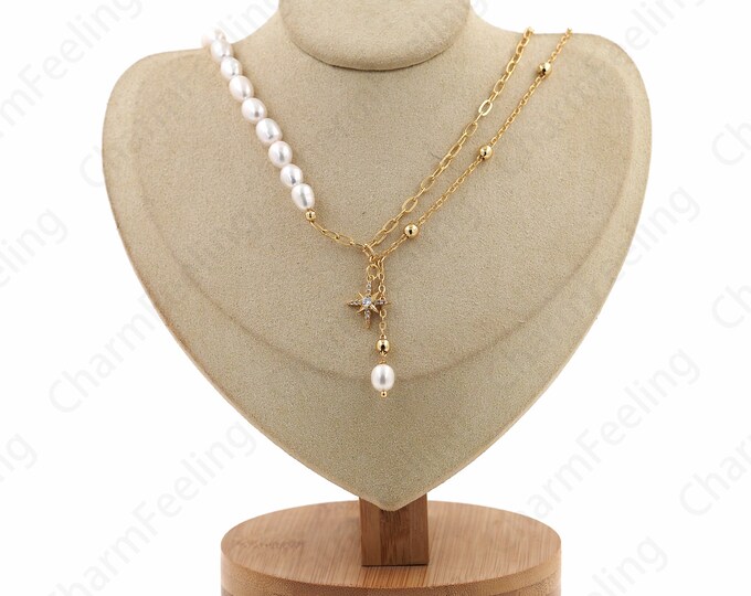 18K Gold Filled Star Pendant Necklace, Gemstone Necklace, Pearl Necklace, Beaded Necklace, Gift For Her, Pearl Jewelry, 40cm