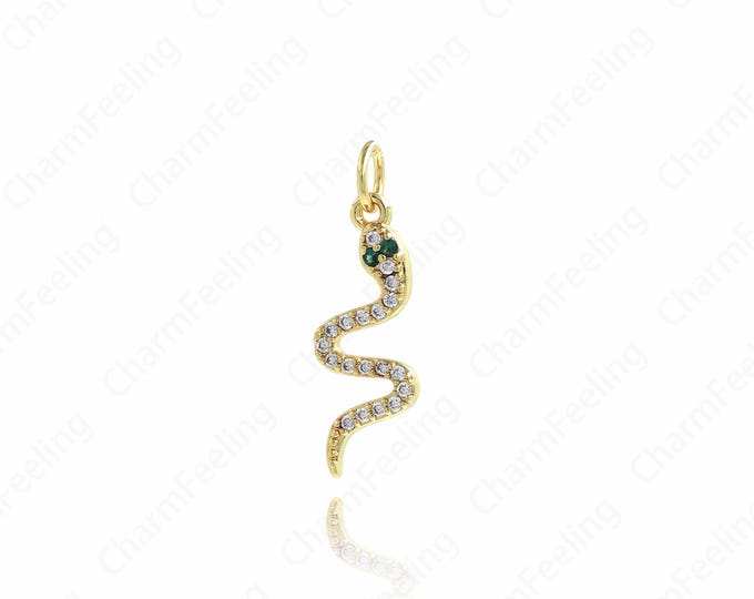 Gold Snake Pendant, MicroPave CZ Snake Necklace, Animal Jewelry,18K Gold Filled Snake Pendant, Snake Charm 23.5x7.5x2mm