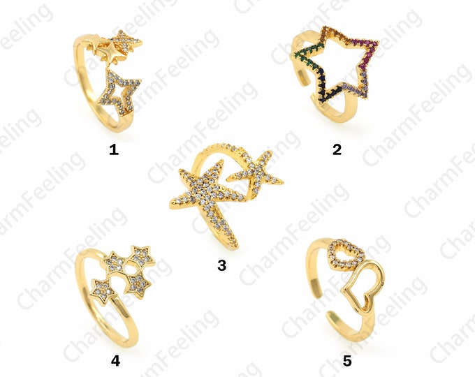 Flower Rings, Micropavé CZ Thin Section Rings, Line Rings, 18K Gold Filled Pentagram Rings, Starfish Rings, Flower Jewelry,