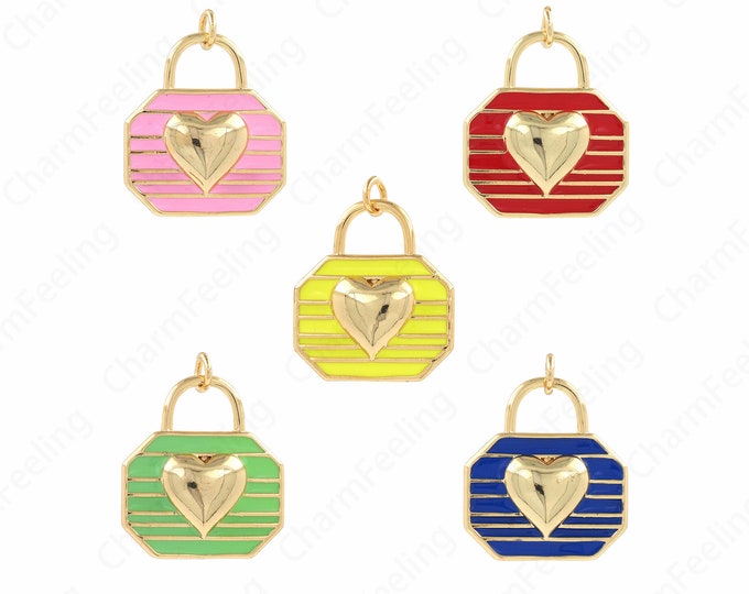 Enamel Heart-Lock Necklace, 18K Gold Filled Heart-Shaped Enamel Pendant, Heart-Shaped Lock Pendant, DIY Jewelry Accessories 27.5x24.5x4.5mm