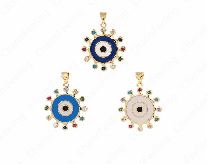 Enamel Eye Pendant,18K Gold Filled Good Luck Pendant Micropavé CZ Eye Pendant Eye Pendant, Round Eye Necklace, 30x23x2mm