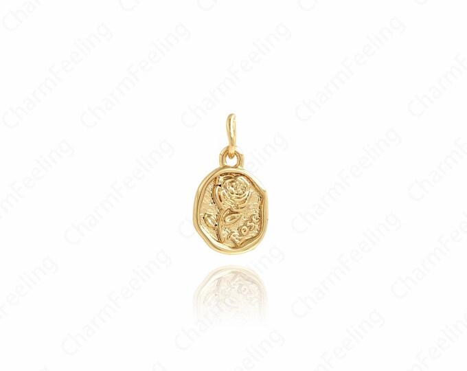 Gold Rose Pendant,18K Gold Filled Rose Charm, Round Rose Necklace, DIY Jewelry Making Accessories 15.7x8.5x2mm