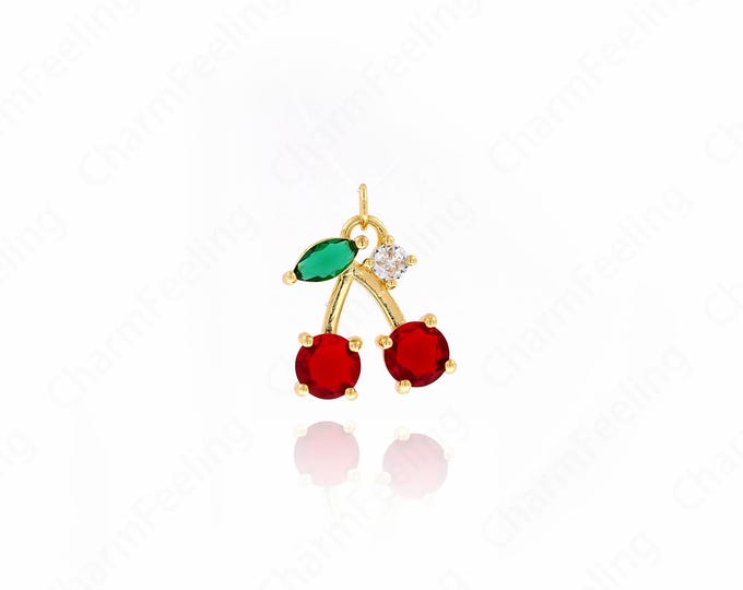 18K Gold Filled Cherry Charm, Cherry Pendant, Micropavé CZ Fruit Charm, Fruit Necklace, DIY Jewelry Accessories, 22x17.5x5.6mm