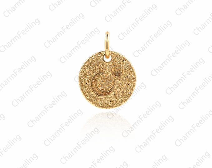 Round star and moon pendant, celestial necklace, golden moon pendant, starry sky charm,  jewelry accessories  14x10.8x1.2mm 1pcs