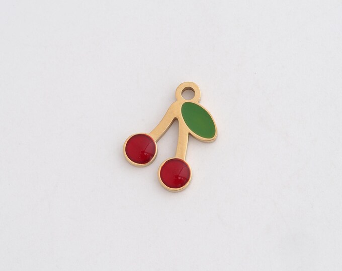 Enamel Cherry Charms,Dainty Fruit Charm, 18K Gold Filled Cherry Pendant,DIY Jewelry Accessories 14.5x10.8x1.7mm