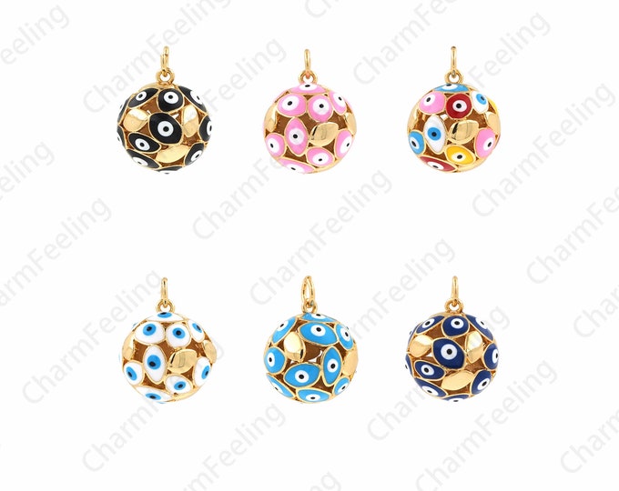Enamel Eye Pendant, Ball Pendant, 18K Gold Filled Ball Necklace, Enamel Charm, Micropavé CZ Eye Charm, DIY Jewelry Supplies, 19.5x15x16.5mm