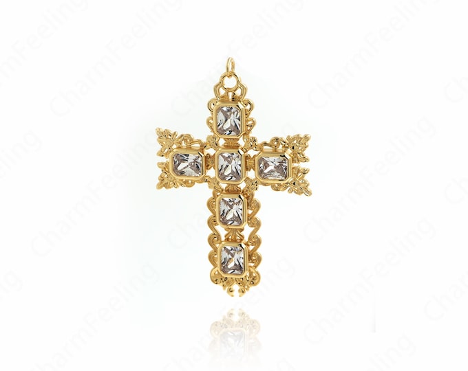 18K Gold Filled Cross Pendant,Religious Charm,Cross Charm,Christian Charm,Micropavé CZ Cross Necklace,DIY Jewelry Accessories,73.2x47x4.5mm