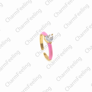 18K Gold Filled Enamel And Fake Diamond Ring, Micropavé CZ Simple Ring, Round Ring, Adjustable Ring, Gold Open Ring, A Gift For Her Pink