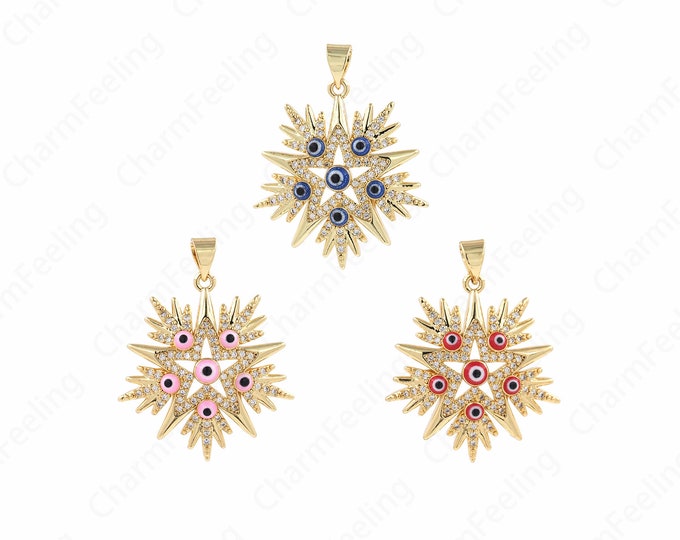 Eye Charm, Eye Pendant, Enamel Eye Charm, Micropavé CZ Star Pendant, 18K Gold Filled Star Charm, DIY Jewelry Supplies, 25x31x5.5mm