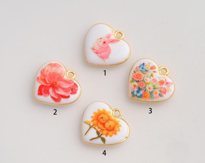 Heart Rabbit Pendant,Enamel Flower Pendant,18K Gold Filled Heart Charm,DIY Jewelry Accessories,18.3x18.8x4.4mm