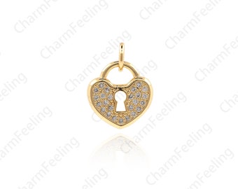 CZ Heart-Shaped Padlock Necklace, Lock Charm, Heart Padlock Pendant, Lock Pendant, Love Lock 15x11.4x2.3mm 1pcs