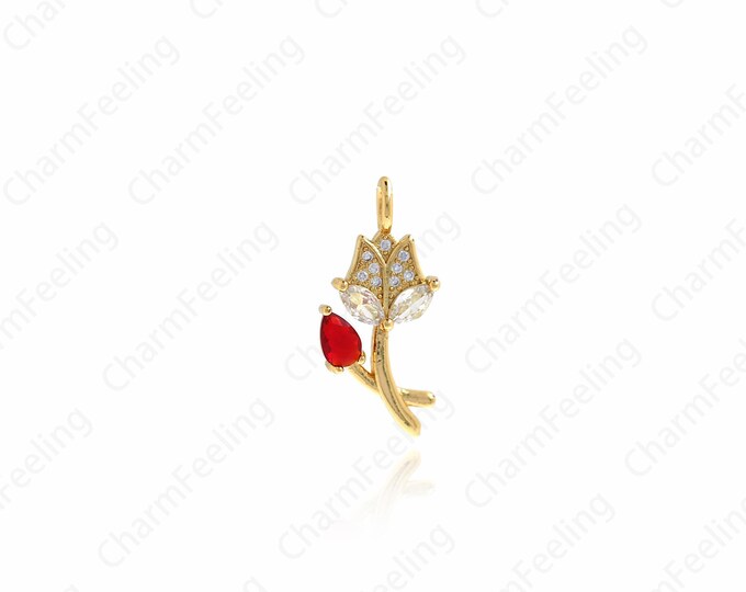18K Gold Filled Rose Pendant,Zircon Rose Charm, Gold Rose Necklace, DIY Jewelry Making Accessories 26.7x12.5x5mm
