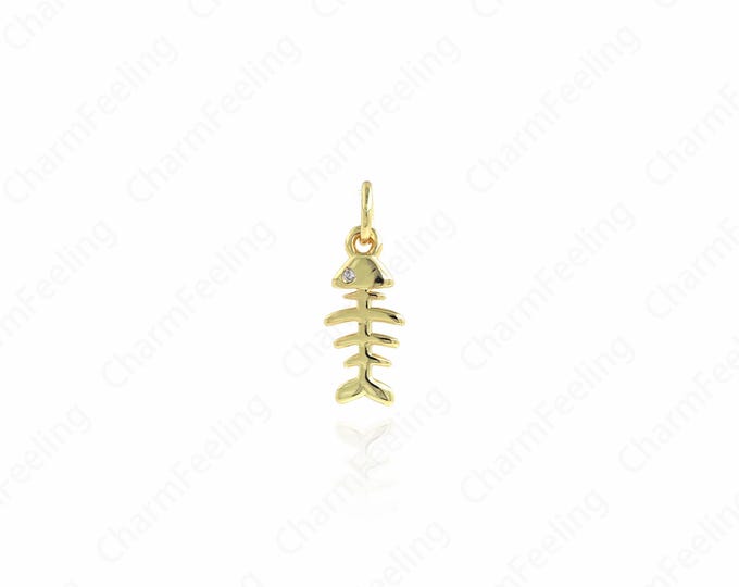 Fish Necklace, Fish Bone Charm, Fish Bone Pendant, 18K Gold Filled Marine Life Charm,DIY Jewelry Supplies, 17.5x6.4x1mm