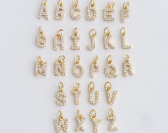 5 PCS 18K Gold Filled Initial Pendant, Micropavé CZ Letter Pendant, Alphabet Charm, DIY Jewelry Accessories, 12.2x5.6x2mm