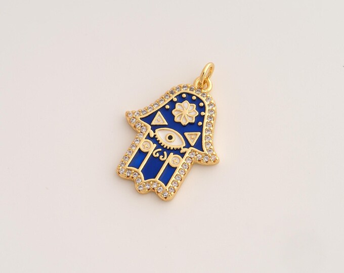 Enamel Hamsa Hand Pendant,CZ Fatima Pendant,18K Gold Filled Hamsa Charm,DIY Jewelry Accessories,28.7x19.4x2.5mm