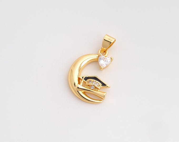 CZ Doctoral Cap Pendant,Enamel Diploma Scroll Pendant,18K Gold Filled Moon Charm,DIY Jewelry Accessories,23.6x14.3x3.8mm