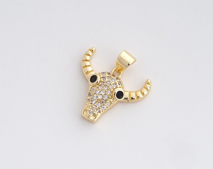 18K Gold Filled Cow Charm, Wild Animal Charm, Micropavé CZ Animal Necklace, Bull Head Pendant, DIY Jewelry Supplies, 20.6x18.7x4.3mm