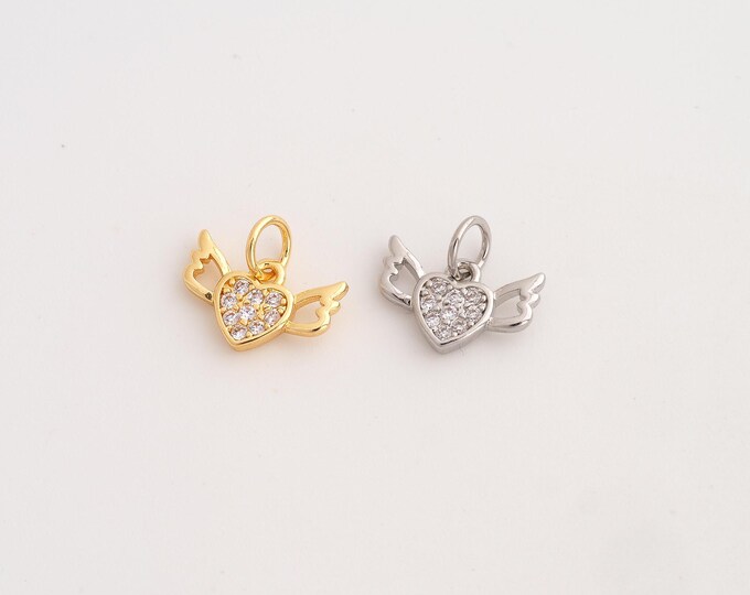 CZ Heart Pendant,Love Pendant,18K Gold Filled Angel Wings Charm,DIY Jewelry Accessories,11.2x12.4x2.2mm