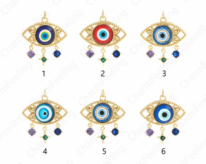 Micropavé CZ Enamel Necklace, 18K Gold Filled Eye Pendant, Magic Eye Necklace, Eye Charm, DIY Jewelry Accessories 33x29x8mm
