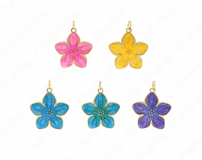 18K Gold Filled Flower Pendant, Round Flower Charm, Plant Charm,Enamel Charm,DIY Jewelry Supplies,25.5x21x3mm