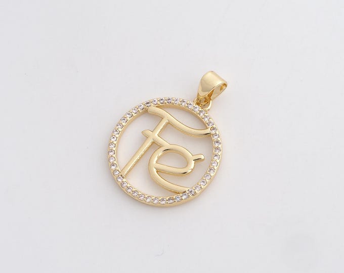CZ Fe Pendant,Round Pendant,18K Gold Filled Letter Charm,DIY Jewelry Accessories,28.8x20.5x1.8mm