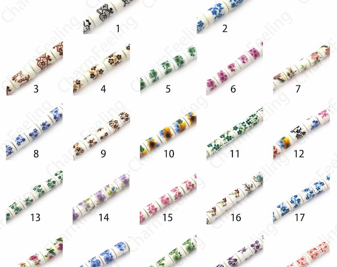 Plant Beads, Cylindrical Ceramic Beads,Tube Beads, Painted Ceramic Flower Beads,Hand Painted Ceramic,DIY Jewelry Supplies, 8x10mm